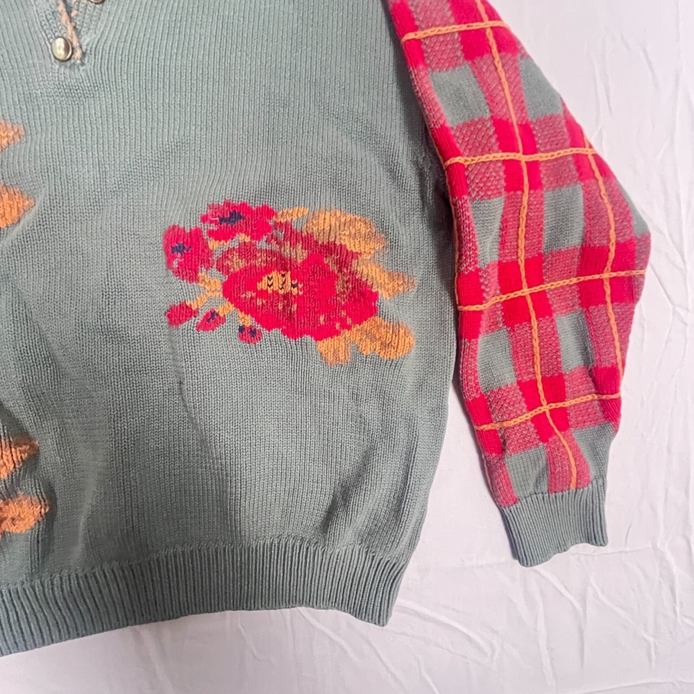 Vintage Eddie Bauer Sweater Womens Large Gray Red Plaid Fall Christmas Henley - Picture 5 of 11
